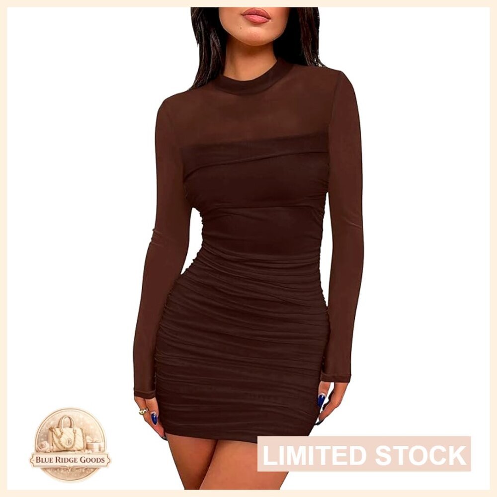 Sheer Mesh Long Sleeve Bodycon Mini Dress Ruched Mock Neck Cocktail Party